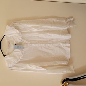 NWT Smal Petite White LOFT Eyelet Ruffle Collar Blouse